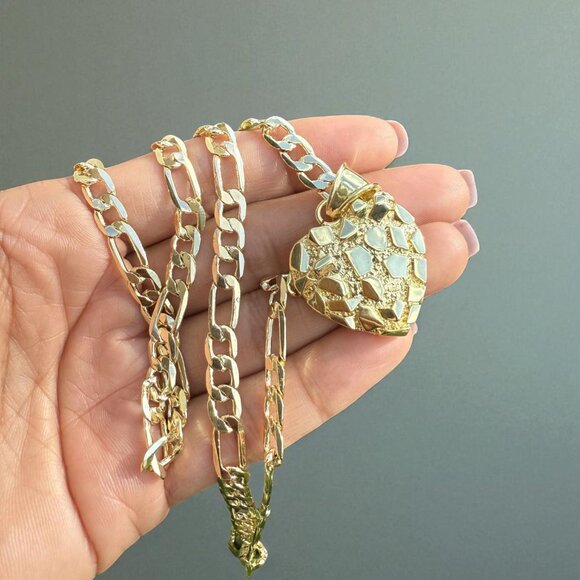 14k Gold Plated Luxury Nugget Love Heart Pendant Figaro Chain Necklace 18" 4mm - Picture 2 of 8